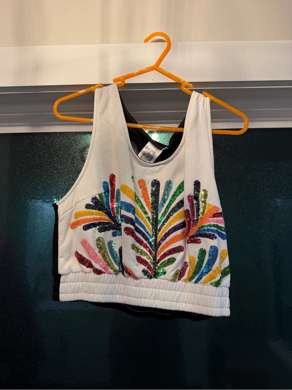 QUEEN OF SPARKLES White Crop Tank with Multicolor Sequin Burst